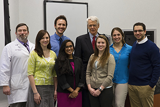 Shown with guest speaker Caldwell Esselstyn, MD (fourth from right) are Ted Makoske, MD, and students Larissa Wertalik, Allen Shepard, Deepika Ram, Erin Evans, Marissa Sanderson, and Anthony Salibi.