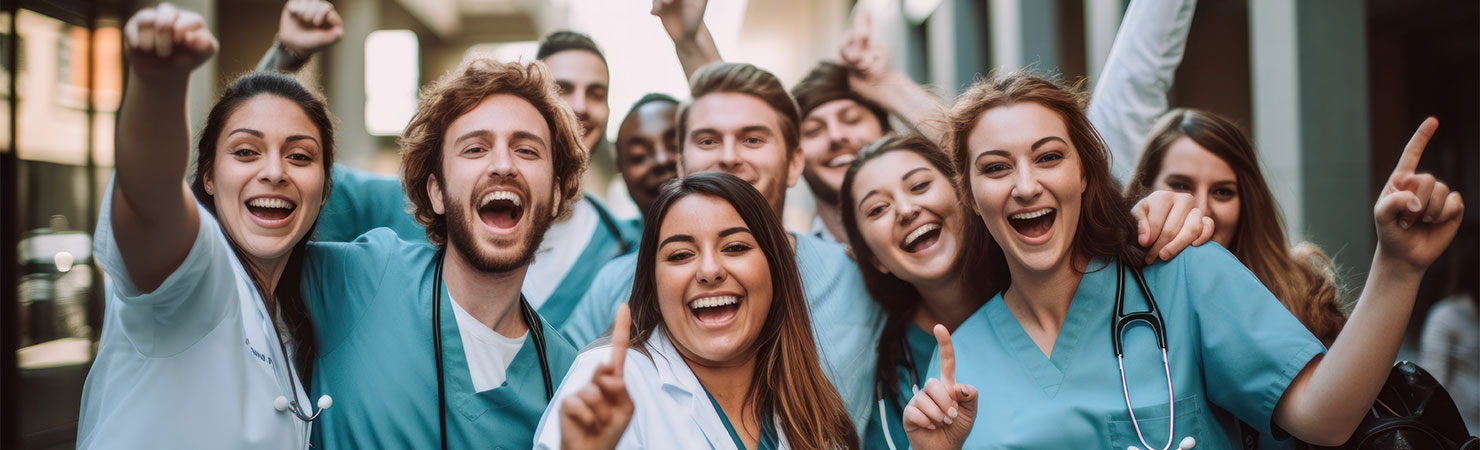 Celebrating medical education: Diverse team of students wearing nurse uniform cheers for joy