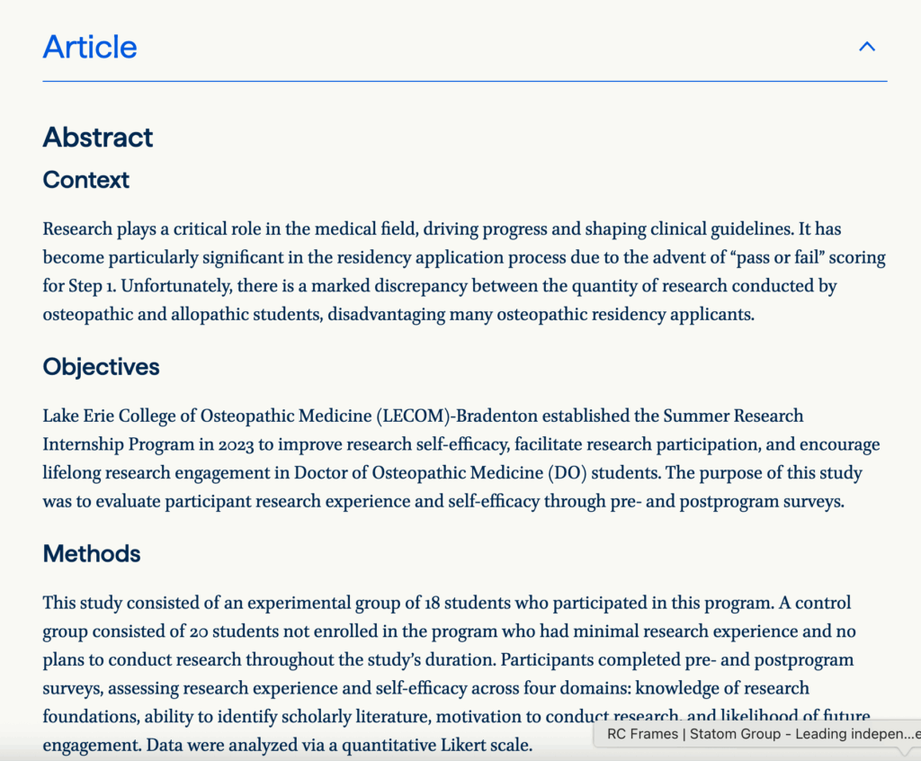 The impact of a summer internship program on research engagement of osteopathic medical students.