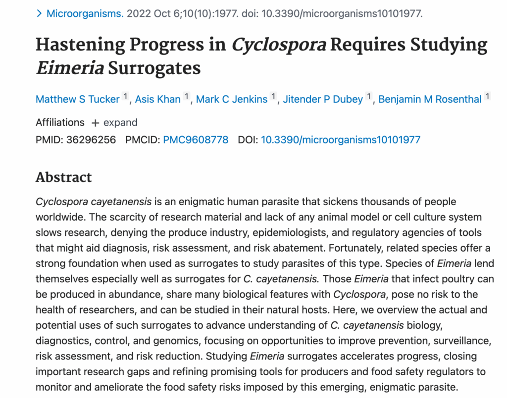 Hastening Progress in Cyclospora Requires Studying Eimeria Surrogates.