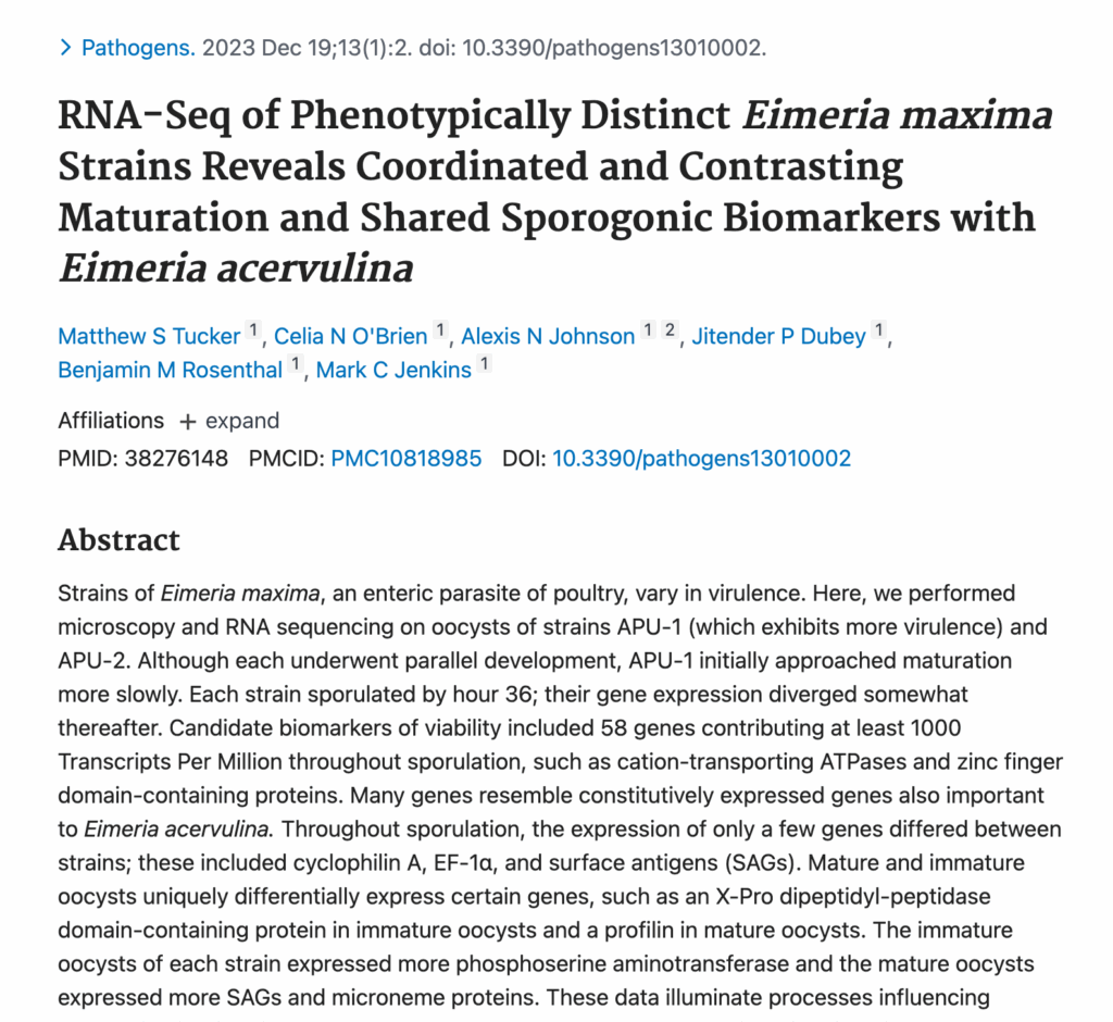 RNA-Seq of Phenotypically Distinct Eimeria maxima Strains Reveals Coordinated and Contrasting Maturation and Shared Sporogonic Biomarkers with Eimeria acervulina.