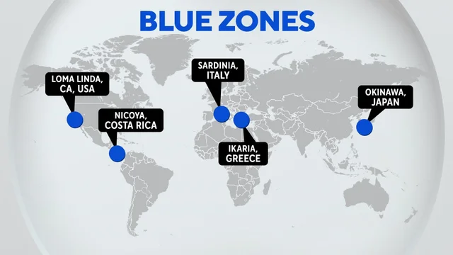 Map showing global Blue Zones longevity regions